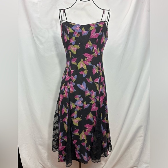 Y2K Betsey Johnson New York silk black leaf print midi dress size 6 - Picture 1 of 13